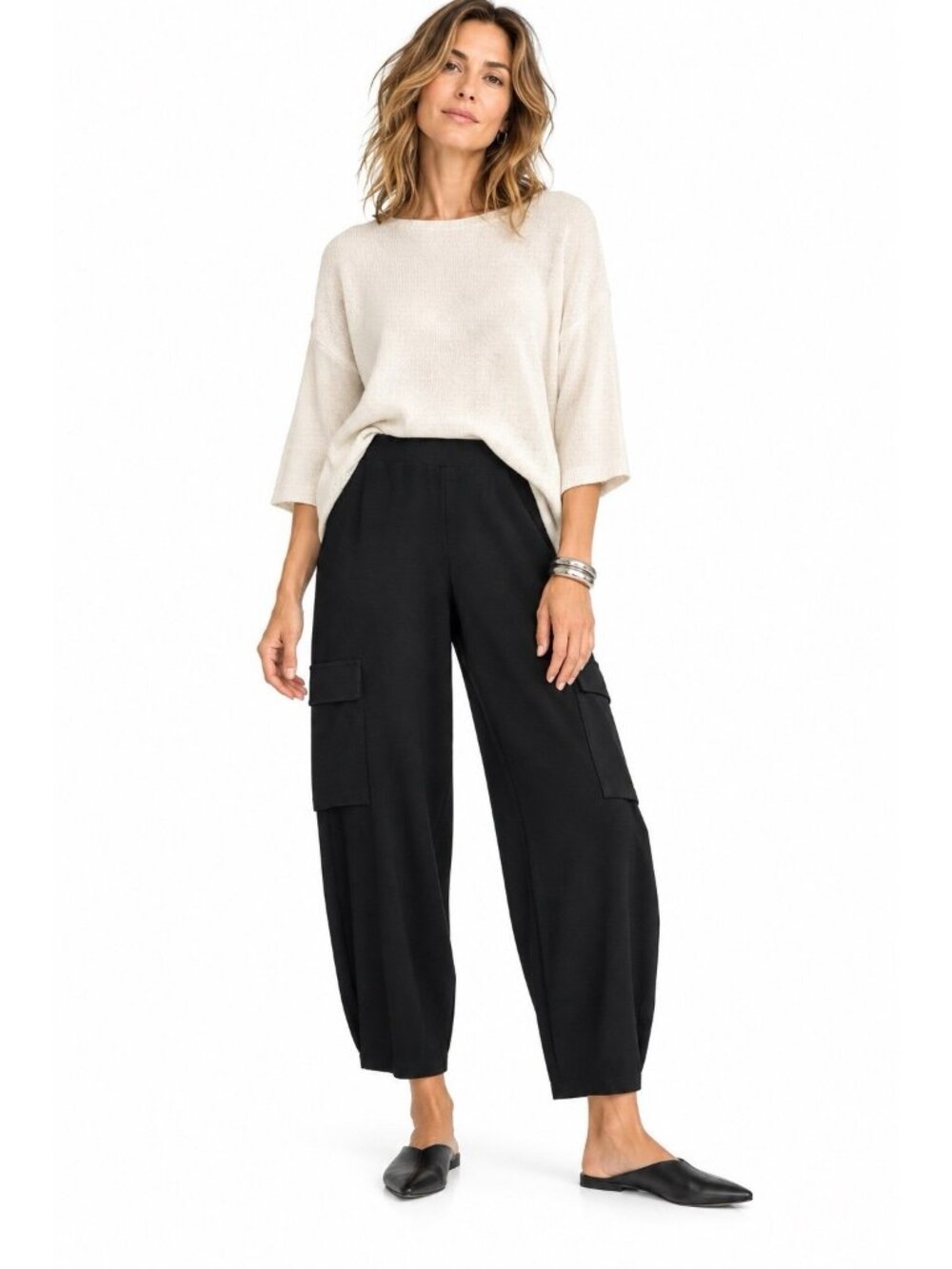 EILEEN FISHER pants washable stretch crepe lantern cargo black PM lagenlook
